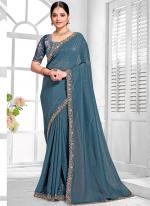 Currency Silk Aqua Blue Wedding Wear Embroidery Work Saree